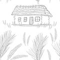 seamless pattern wheat germ coloring of a house with thatched roof. vector illustration Royalty Free Stock Photo