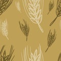 Seamless pattern with wheat plants on brown background toned beige Traditional print, bakery design, packaging wallpaper