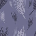 Seamless pattern with wheat plants on brown background toned blue Traditional print, bakery design, packaging wallpaper