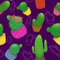 Seamless pattern with cacti in pots on purple background