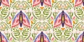 Seamless pattern with whimsical moth, flowers and leaves. Scandi style delicate folk repeated design for print on fabric