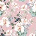 Seamless pattern with white alstroemeria flowers, leaves and berries. Hand drawn vintage background. Royalty Free Stock Photo