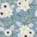 Seamless pattern with white anemone flowers, eucharis lily, dusty miller, snapdragons and gypsophila.