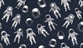 Seamless pattern of white astronauts and helmets on a dark blue Royalty Free Stock Photo