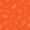 Seamless pattern of white autumn leaves on orange background. Line art design. Doodle style. Background for nature, eco Royalty Free Stock Photo