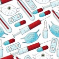 Seamless pattern on a white background. Cartoon medical instruments in hand draw style. Mask, syringe Royalty Free Stock Photo