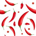 Seamless pattern on white background with chilli peppers. Jamaican, Thai, Cayenne pepper. Hot spice. Vector illustration
