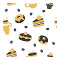 Seamless pattern on white background. Cakes, pastries, sweets and cups with hot drinks. Vector illustration. Royalty Free Stock Photo