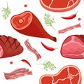 Seamless pattern on white background with gammon, ham, bacon, steak on the bone, hot pepper and dill. Meat products