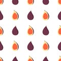 Seamless pattern on white background with hand drawn vector purple fig fruit, whole and half alternates. Royalty Free Stock Photo