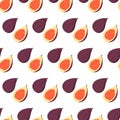 Seamless pattern on white background with hand drawn vector purple fig fruit, whole and half. Royalty Free Stock Photo