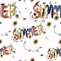 Seamless pattern on a white background with the inscription summer, flowers, leaves and birds, art lettering, vector illustration