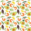 Seamless pattern on white background with shrimp, avocado, arugula, chilli and lemon slice. Shrimp salad with avocado