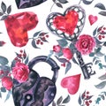 Seamless pattern on a white background from the Valentine day collection. A lock and a key with a heart shaped, red Royalty Free Stock Photo