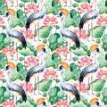 Seamless pattern on white background with water lilies and black crowned crane