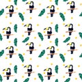 Seamless pattern on a white background of watercolor tropical leaves and Toucan Royalty Free Stock Photo