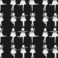 Seamless pattern white ballerinas in a shuttlecock dress dancing in different poses on a black background cartoon Royalty Free Stock Photo