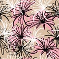 Seamless pattern of white black flowers in continuous line sketch doodle style and pink background. Royalty Free Stock Photo