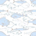 Seamless pattern of white and blue sea fish. Perch, cod, scomber, mackerel, flounder, saira. Vector doodle. Royalty Free Stock Photo