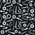 Seamless pattern with white bolts, screws, tacks on black background,