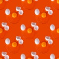 Seamless pattern of white broken eggs on orange background, repeating ornament raw egg with yellow yolk backdrop, Easter banner