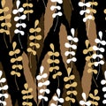 Seamless Pattern with White and Brown Seaweed Silhouettes on Black Background.