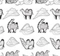 Seamless pattern with camels, desert and hills in cartoon tribal styles