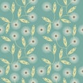 Seamless pattern with white camomile flowers on green background