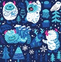 Seamless pattern with white cartoon Bigfoots or Yetis lives in the snowy forest. Vector illustration