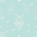Seamless pattern of white cartoon dragonflies on blue background Royalty Free Stock Photo