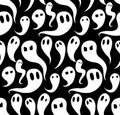 Seamless pattern with white cartoon ghosts with emotions. Spirits in different forms on black background. Halloween wallpaper Royalty Free Stock Photo