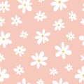 Seamless pattern of white chamomiles on a pink background in a flat style