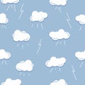 Seamless pattern with white cloud, rain, thunderstorm on blue background