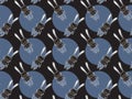 Seamless pattern of white contour rabbits dressed in striped pants and polka dot sweaters on a black background with blue circles. Royalty Free Stock Photo