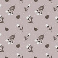 Seamless pattern, white cotton branches with leaves on a gray background. Print, background, wallpaper