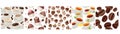 Seamless pattern with white cups of tea and coffee, sweet cakes and coffee beans