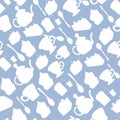 Seamless pattern with white cups, teapots and spoons on a blue background. Hand-drawn vector illustration