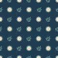 Seamless pattern with white daisies and greenery on a dark blue background. Summer, minimalistic pattern with flowers Royalty Free Stock Photo