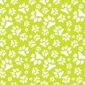 Seamless pattern with white dog footprint and claws isolated on green background.