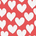 Seamless pattern white doodle hearts with black dots on red background. Hand drawn cute heart shapes repeating Royalty Free Stock Photo