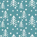 Seamless pattern white fir tree and snowflakes on green background. Christmas trees. Royalty Free Stock Photo