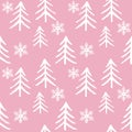 Seamless pattern white fir tree and snowflakes on pink background. Christmas trees. Royalty Free Stock Photo