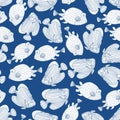 Seamless pattern with white fish in doodle style isolated on trendy blue background. Vector coral reef fish outline illustration Royalty Free Stock Photo