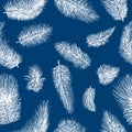 Seamless pattern of white fluffy birds feathers