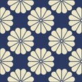 Seamless Pattern of White Geometric Flower Elements on Blue Navy Background