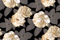 Seamless pattern with white and gold roses and grey leaves on black background Royalty Free Stock Photo