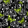 seamless pattern of white graphic flowers and lime butterflies on a black background Royalty Free Stock Photo