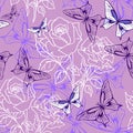 seamless pattern of white graphic roses and purple butterflies on purple background