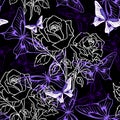 seamless pattern of white graphic roses and purple butterflies on a black background, text Royalty Free Stock Photo