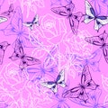 seamless pattern of white graphic roses and purple butterflies on a pink background